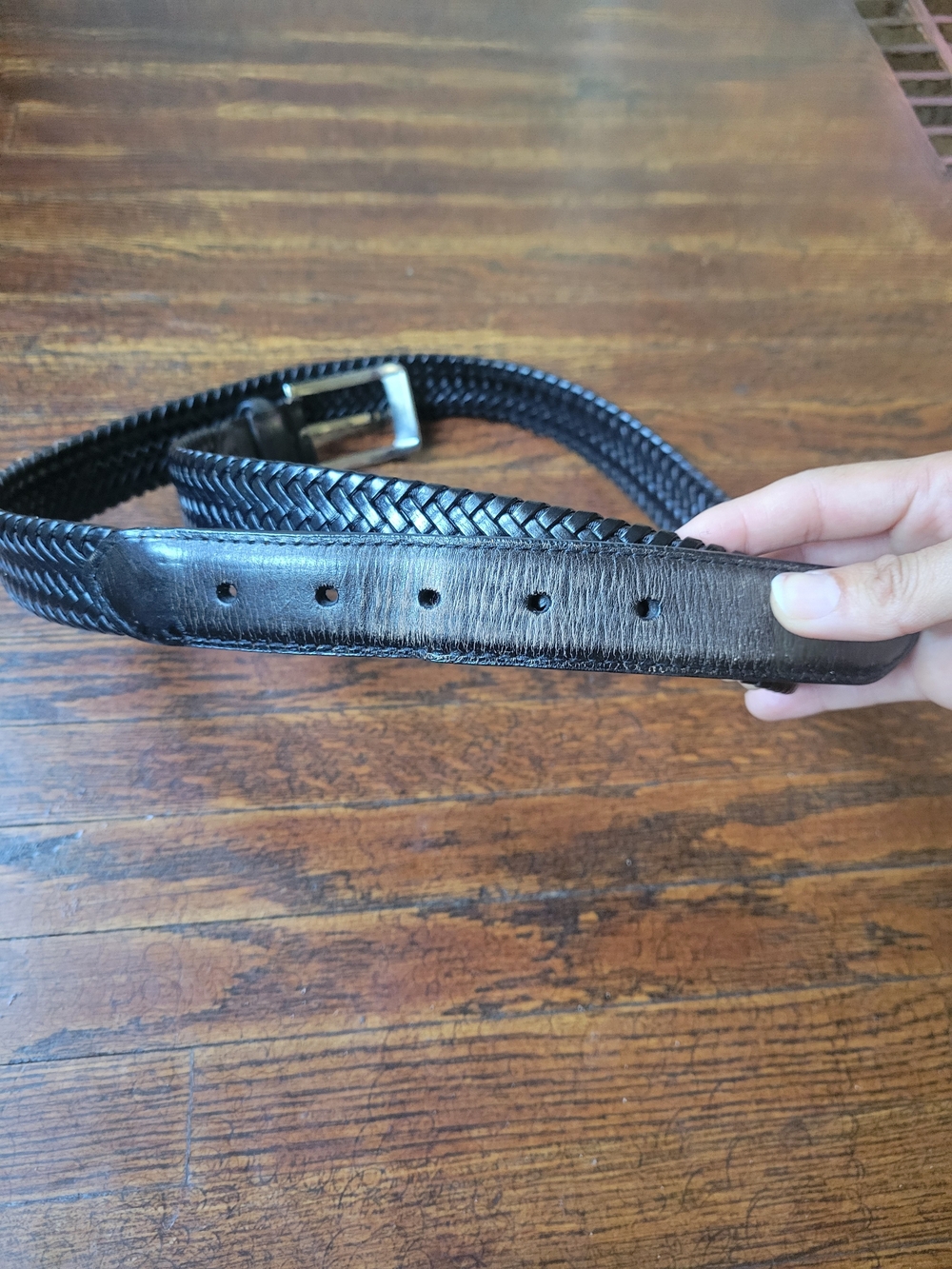 Men's Belt Black 42 Leather Bonded Lace Silver Tone Buckle Casual Dress Men